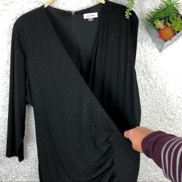 Calvin Klein Black Shimmer Faux Wrap Long Sleeve Cocktail Dress Plus Size 22W - Picture 4 of 11